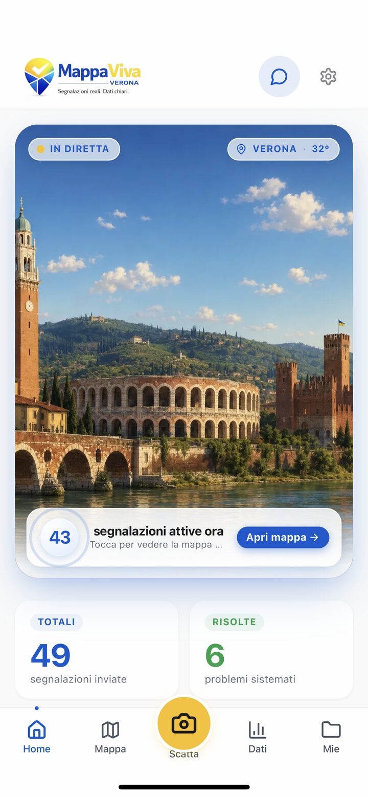Schermata dell'app Mappa Viva su iPhone — counter segnalazioni live e mappa interattiva